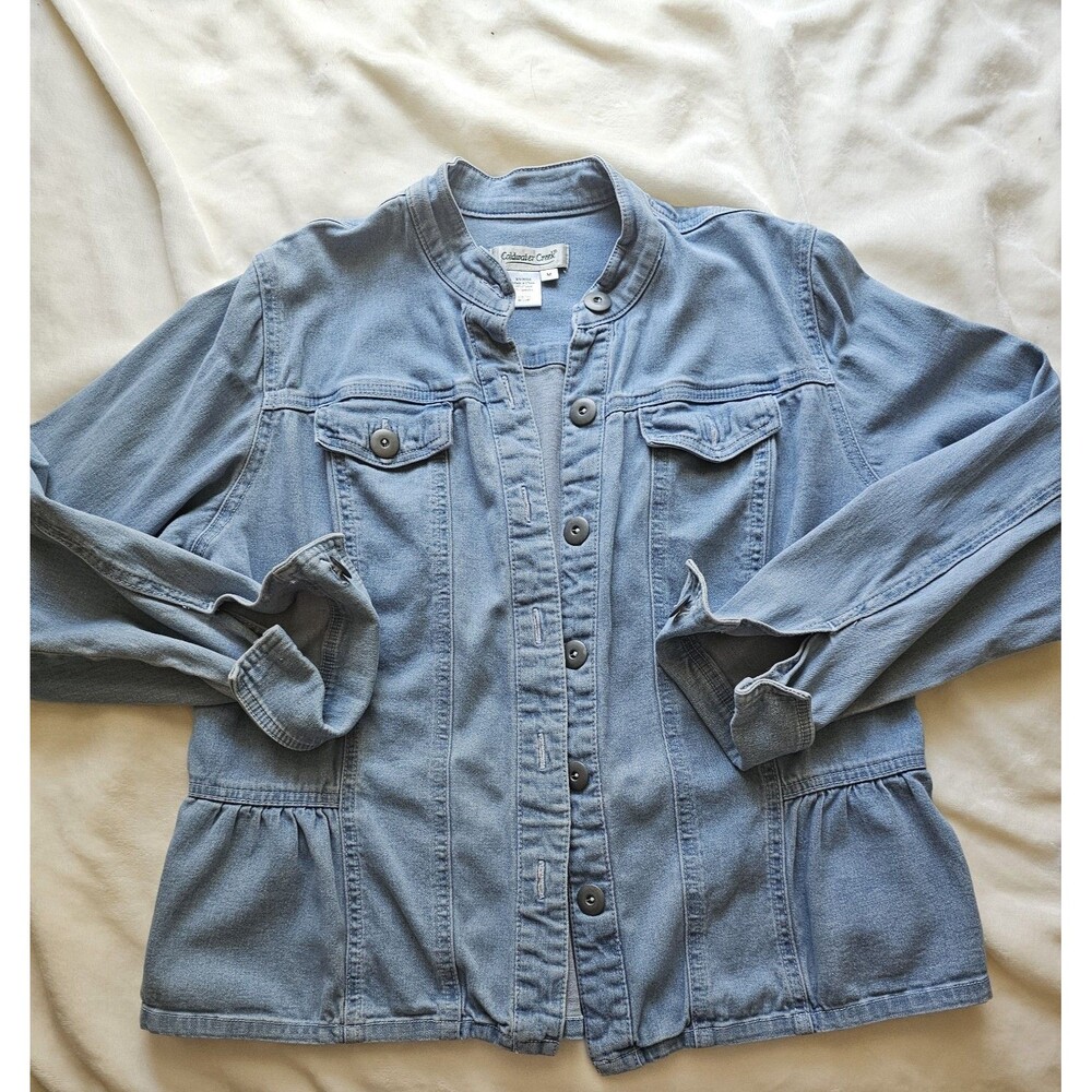 Coldwater Creek Denim Peplum Jacket Light Wash Mandarin Collar Size Med - Picture 8 of 10